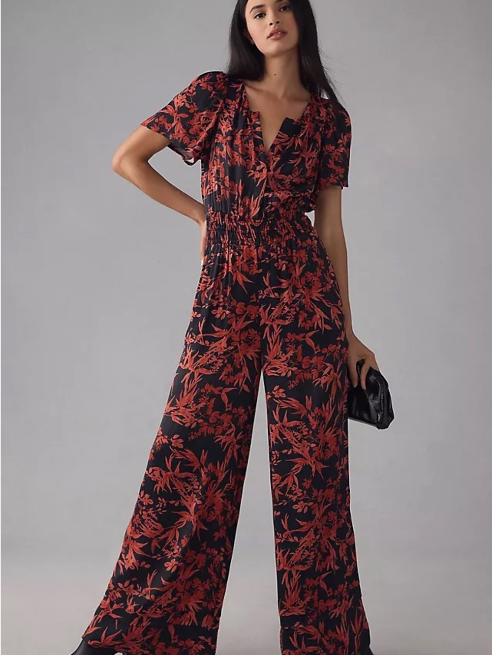 Floral Wrap Wide-Leg Jumpsuit in Black & Red